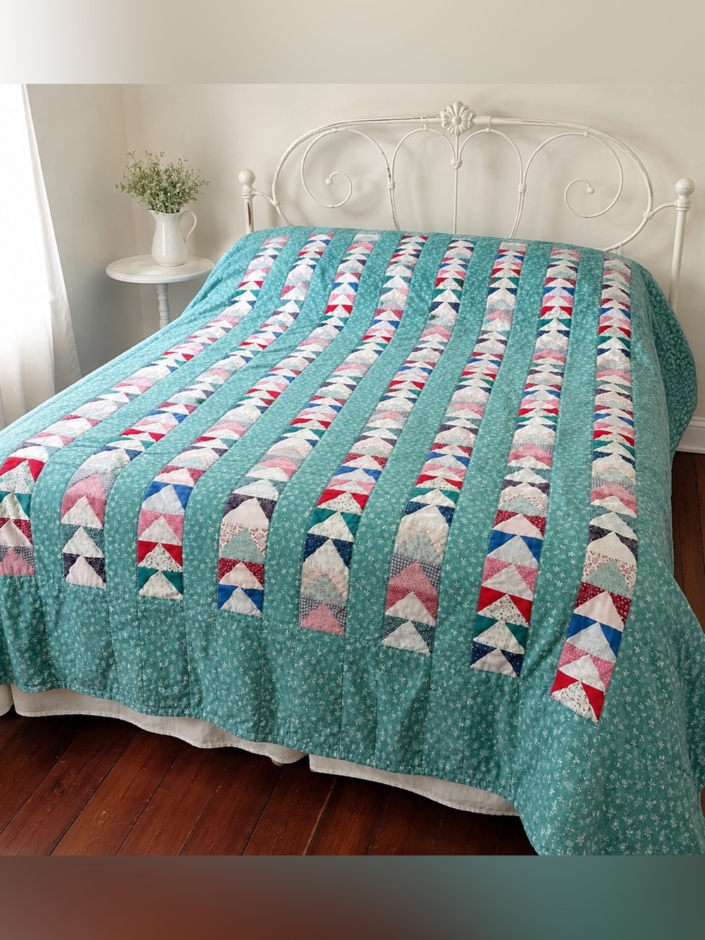 Vintage Early 1990s Calico Revival Quilt,Flying Geese Patchwork,Teal Cottagecore